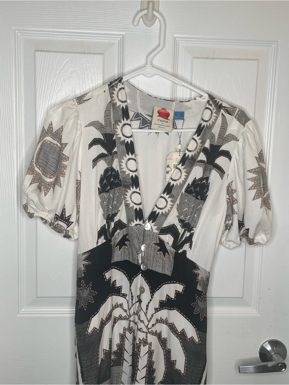 Farm Rio Puff-Sleeve Viscose Jumpsuit Celestial Palm Tree Pineapple Vacation S - Picture 5 of 16